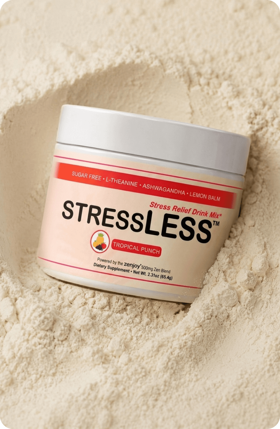 A tub of StressLESS resting in its powder