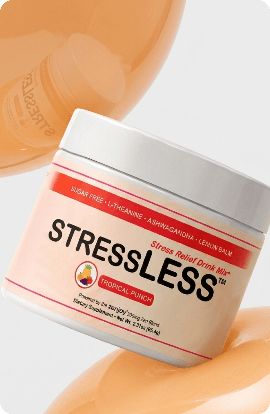 A tub of StressLESS against a swirl of peach