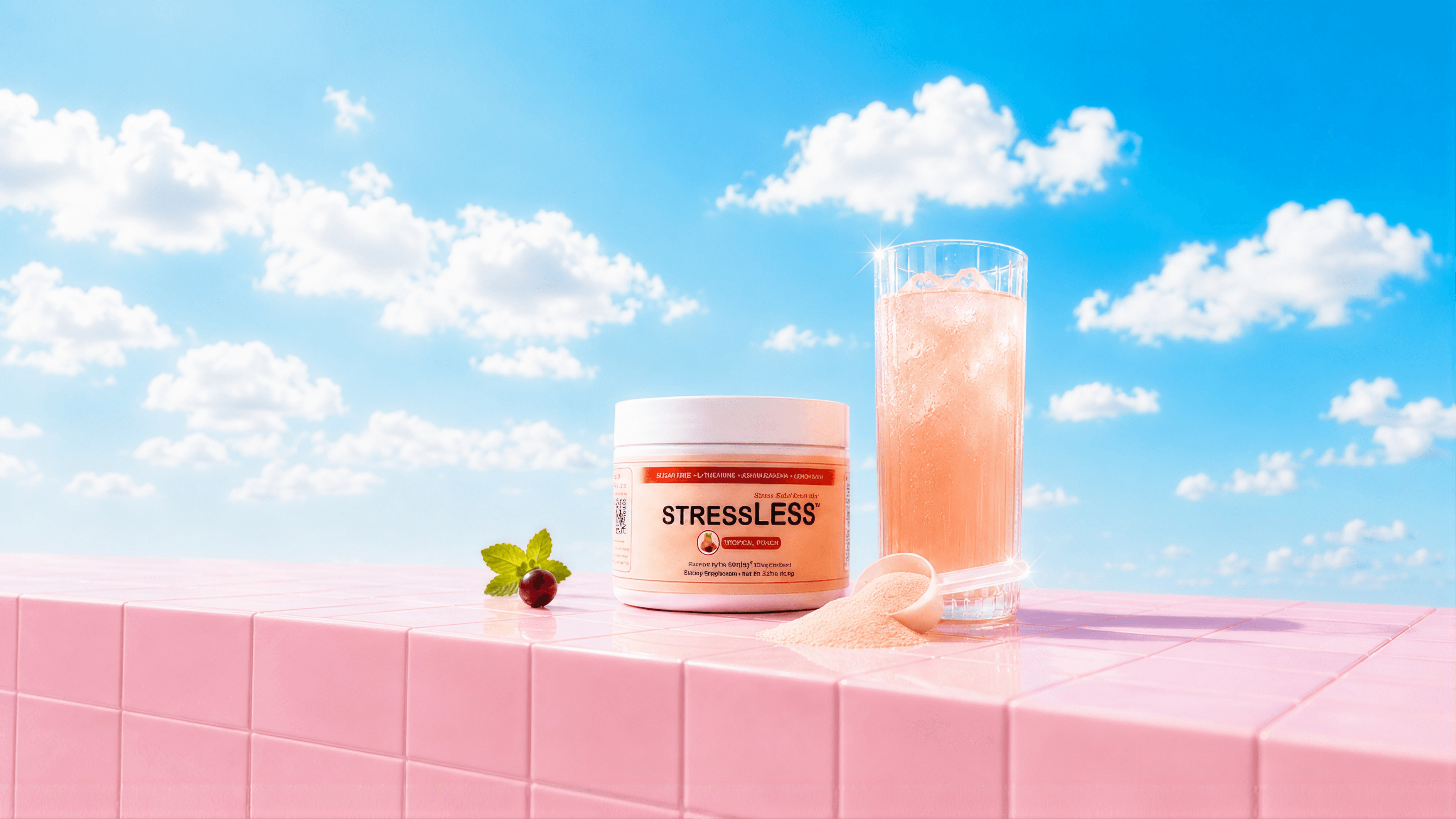StressLESS tropical punch drink mix beside a chilled glass